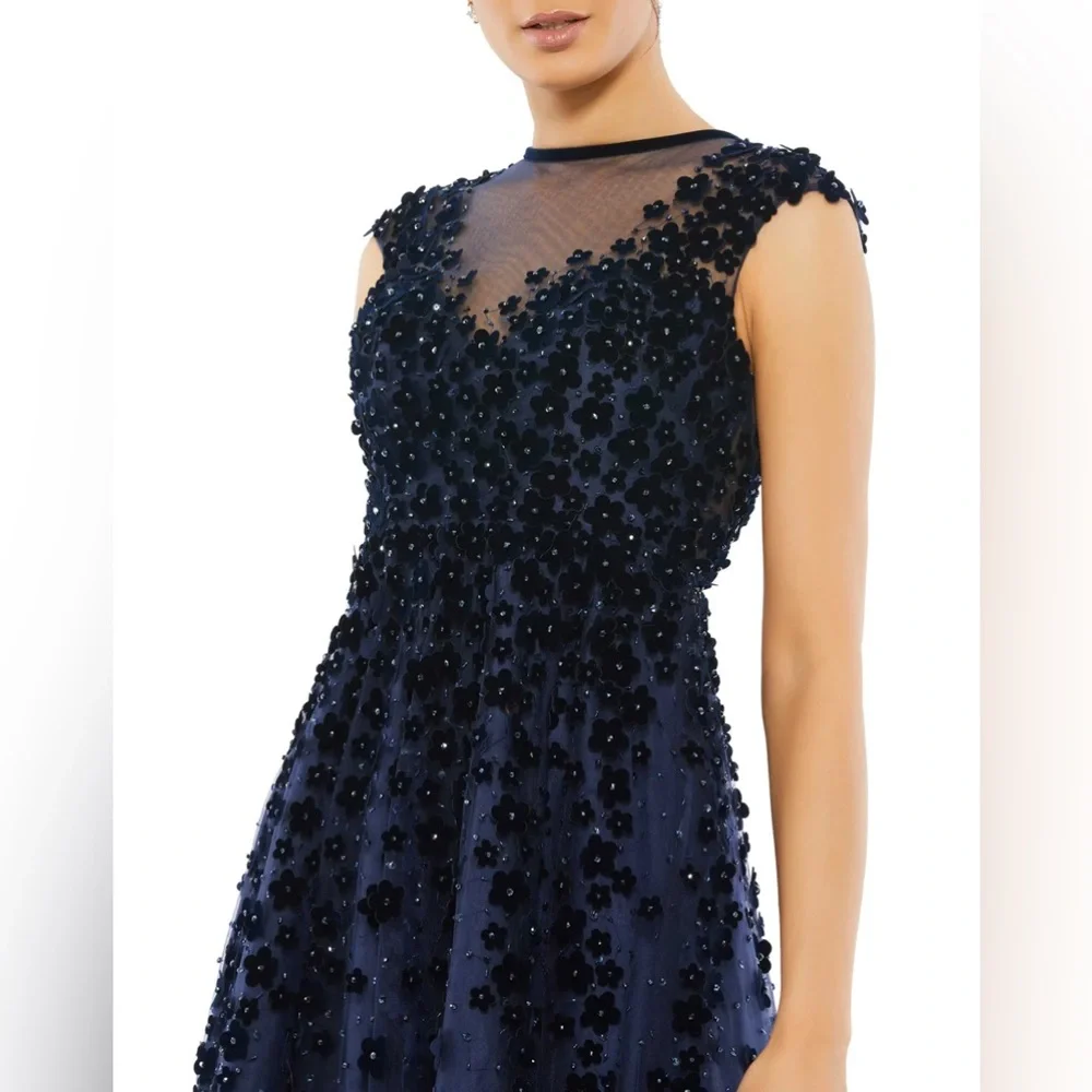 Mac Duggal Floral Embellished Illusion Midnight Midi Cocktail‎ Dress NWT